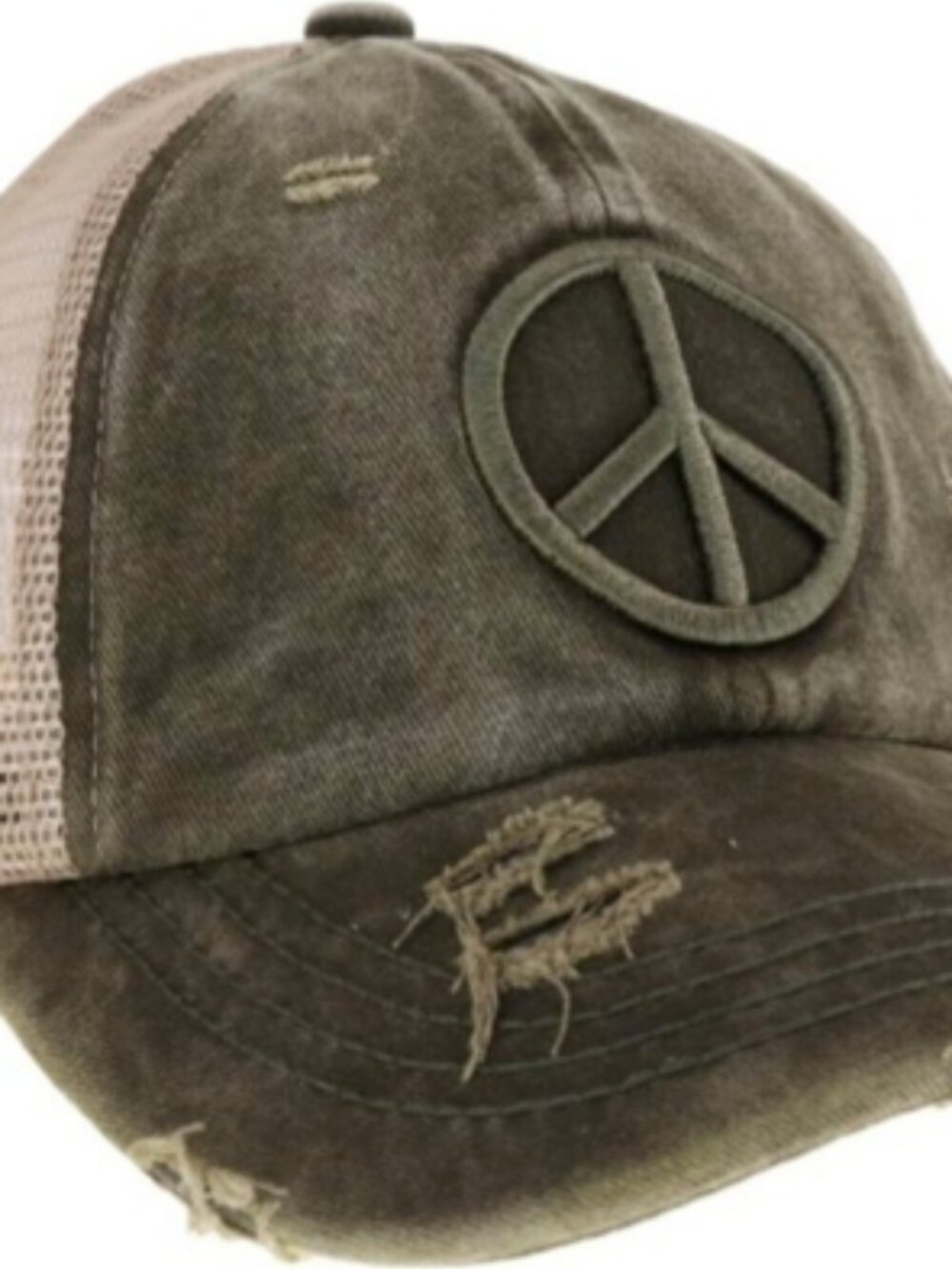 NWOT Green CC Distressed Embroidered Peace Sign Criss Cross High Ponytail Hat - Picture 4 of 12